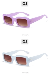 Macro view of jelly purple and light blue rectangular sunglasses with metal rivets
