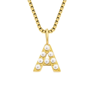 Vintage gold-plated stainless steel letter A pendant necklace with white pearls