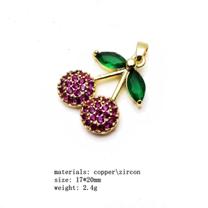 Detailed specs of cherry pendant in copper and zircon with 17x20mm size and 2.4g weight