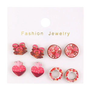 Detail of 4-pair Valentine heart earring set with floral and gift patterns on a card