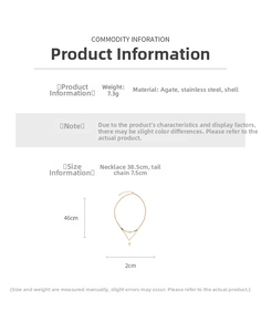 Detailed spec sheet showing vintage agate and shell heart pendant necklace dimensions