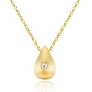 Detailed view of teardrop pendant with brushed texture and central clear gemstone