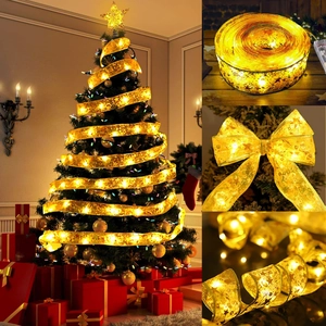Christmas Ribbon Fairy Lights Double Layer Bronzing Satin LED String Lights For Xmas Tree Party Decor Battery USB Powered