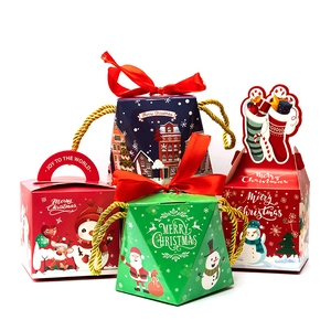 Christmas gift boxes featuring Santa Claus patterns with red ribbons and festive illustrations
