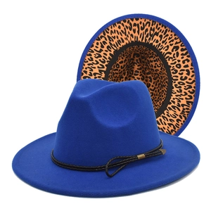 Royal blue fedora hat with leopard print brim and black braided band for men and women