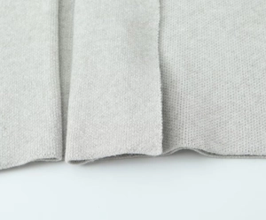 Detailed macro view of the soft grey ribbed knit fabric and texture on this cardigan