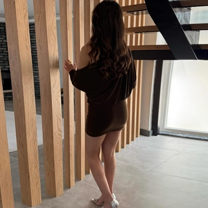 Detail of dark brown bodycon mini dress with off-the-shoulder and backless design