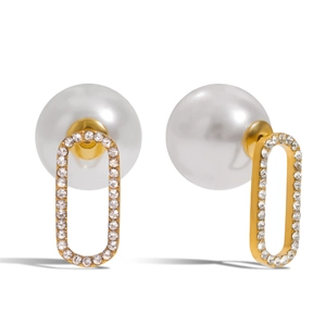 Minimalist gold earring with white oval pearl and rectangle rhinestone frame