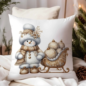 Housse de coussin de Noël avec bonhomme de neige et traîneau sur tissu blanc à motifs dorés