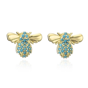 Detailed view of bee earrings in gold plating with turquoise stone and zircon accents