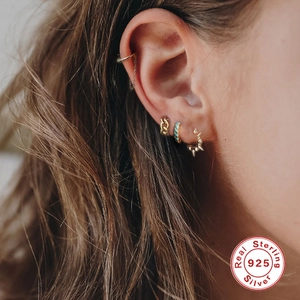 925 sterling silver ear cuff and gold chain earrings set with turquoise for women