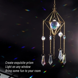 Golden geometric crystal suncatcher with central prism ball and teardrop pendants