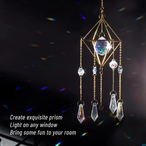 Golden geometric crystal suncatcher with central prism ball and teardrop pendants