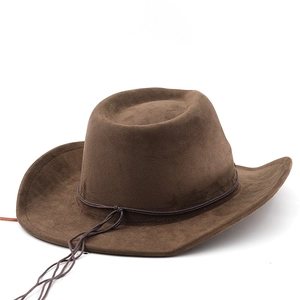 Detail of dark brown western cowboy hat with decorative rope and retro felt texture