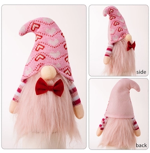 Front, side, and back views of a pink Valentine's gnome with heart hat and red bow