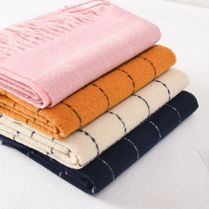 Thick plaid winter scarf for women in pink orange beige and navy blue wool blend