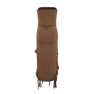 Detail view of brown tube top dress featuring back design and irregular tassel hemline