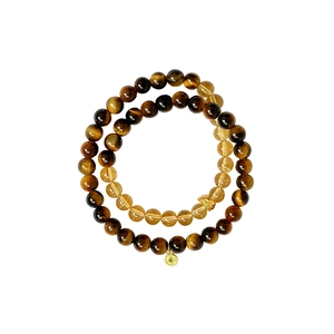 Double-layered tiger eye and citrine beaded bracelet set with gold coin pendant charm
