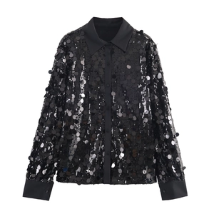 Sequin Blouse Women Long Sleeve Shirt Sparkly Turn Down Collar Button Up Party Evening Top Solid Color Black
