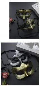 Detail of vintage Roman warrior masks with intricate relief texture and metallic finish