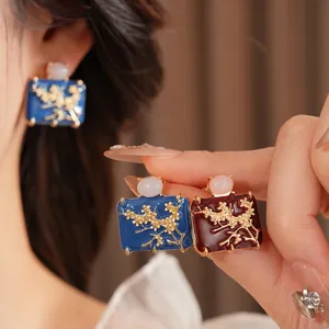 Vintage enamel square stud earrings with plum blossom pattern and pearl accent