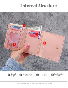 Pink PU leather tri-fold wallet interior detail with card slots and snap coin pocket