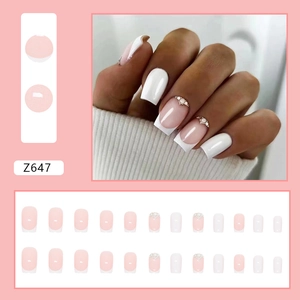 French medium square press-on nails in pink and white with pearls and rhinestones