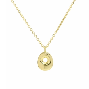 Close-up of minimalist 18k gold plated balloon-style pebble pendant with a fine cross chain