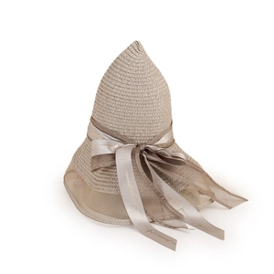 Detailed texture of woven straw sun hat with love you forever printed silk ribbon bow