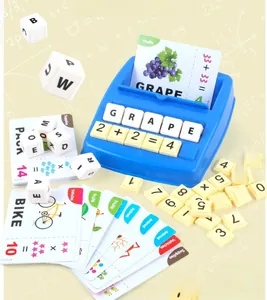 Detail of spelling and math learning game set with letter cubes and colorful cards
