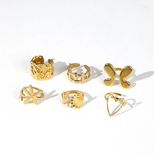 6-piece set of vintage 18k gold plated stainless steel rings with butterfly and shell designs