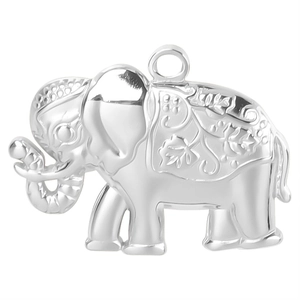 Close-up of a silver elephant pendant with detailed relief and polished metal finish