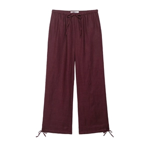 Linen wide-leg trousers in burgundy featuring drawstring waist and ankle tie details