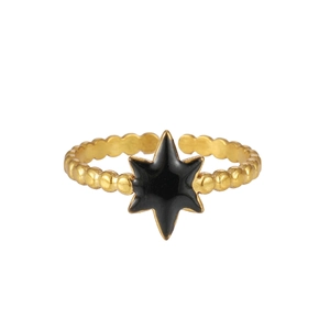 Detail of gold adjustable ring with black hexagram star and beaded texture on band