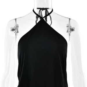 Detail view of the halter neck and backless design on this black summer mini dress