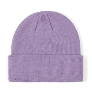 Close-up of a soft purple knitted beanie for infants, showing high-quality texture.