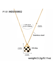 Detail view of checkerboard bag pendant necklace with technical size specifications