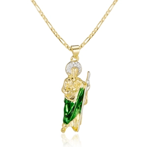 Saint Jude hip hop necklace in gold and green enamel finish with detailed halo pendant