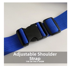Close-up of adjustable blue nylon strap with black plastic buckle for crossbody bags