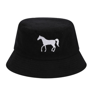 Classic black corduroy bucket hat featuring minimalist white horse embroidery design