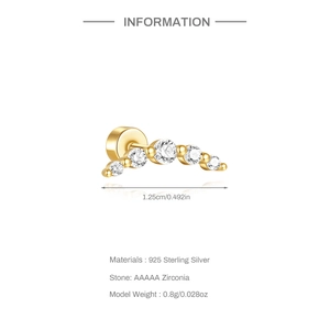 Detailed view of gold S925 silver stud earring with five curved cubic zirconia stones