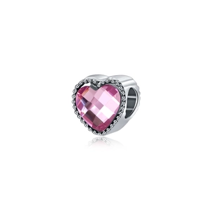 Pink heart-shaped crystal bead charm with silver metal border for DIY jewelry making