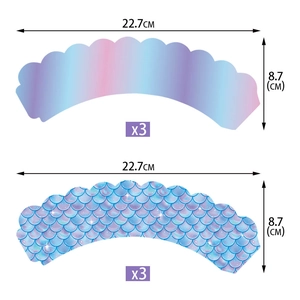 Mermaid birthday cupcake wrappers in gradient pink and blue fish scale patterns
