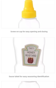 Detail of clear plastic squeeze bottle showing screw cap and honey mustard label