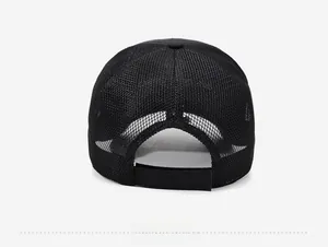 Detail view of black mesh baseball cap back with adjustable strap and breathable fabric