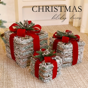 Christmas Decorative Gift Boxes Lighted Rattan Plush Fabric Ornament Christmas Tree Decoration Holiday Home Decor