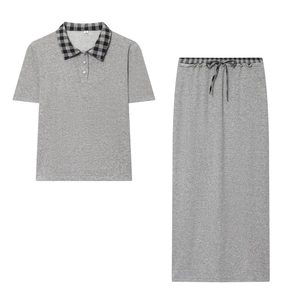 Women Skirt Outfits Short Sleeve Plaid Polo Top And Slit Midi Skirt Polyester Knit Casual Streetwear Grey Apparel