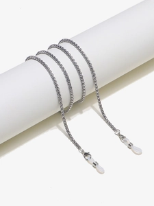Detail of silver box chain eyewear strap with anti-slip silicone loops and metal links