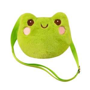 Cute green plush frog coin purse with adjustable strap on plain white background