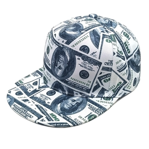 Snapback baseball cap with all-over 100 US dollar bill print in street hip-hop style